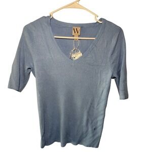 Worthington Light Blue Ribbed V-Neck Short Sleeve Sweater Top Small NWT